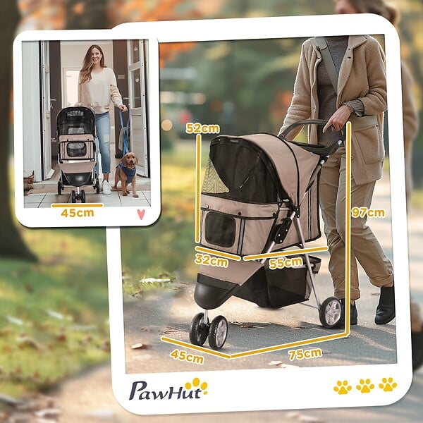 PAWHUT - Poussette buggy pour chien chat animaux roue avant pivotante 360 degrés marron - large