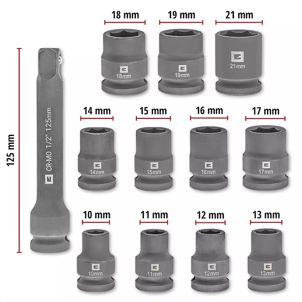 EINHELL - Jeu de douilles à impact – 12 pièces – 1/2” – 10 à 21 mm + rallonge 125 mm – acier CrMo - large