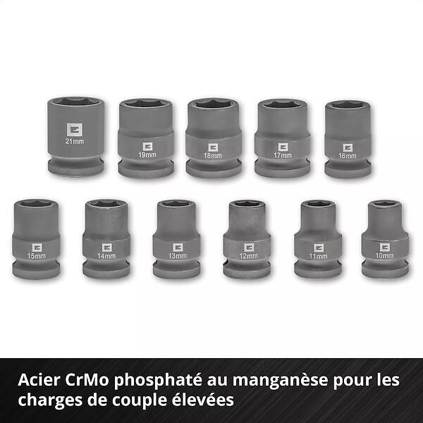 EINHELL - Jeu de douilles à impact – 12 pièces – 1/2” – 10 à 21 mm + rallonge 125 mm – acier CrMo - large