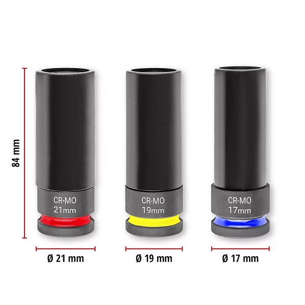 EINHELL - Jeu de douilles à impact – 3 pièces – 1/2” – 17/19/21 mm – avec protection jantes – acier CrMo - large