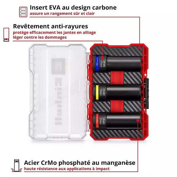 EINHELL - Jeu de douilles à impact – 3 pièces – 1/2” – 17/19/21 mm – avec protection jantes – acier CrMo - large