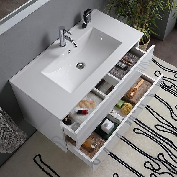 KIAMAMI VALENTINA - Meuble De Salle De Bains Suspendu 90Cm 2 Tiroirs Blanc Brillant, Miroir Avec Lampe | Benaco - large
