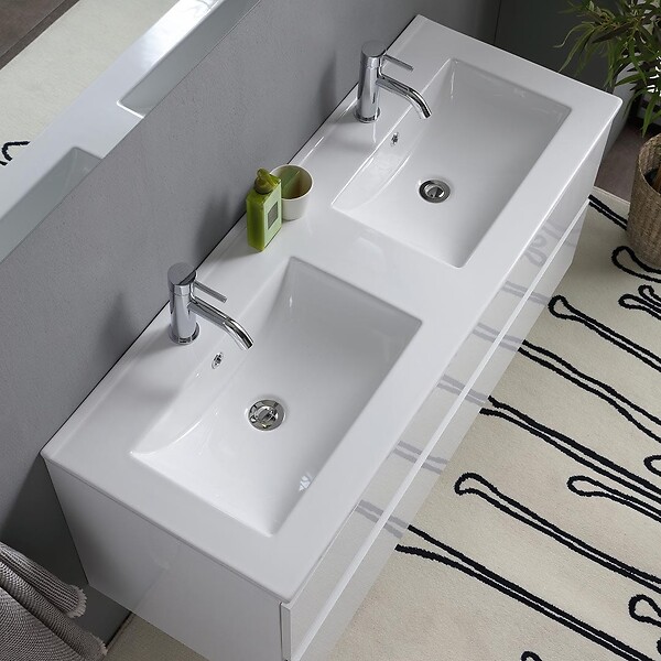 KIAMAMI VALENTINA - Meuble De Salle De Bain Blanc Brillant 120Cm, Tiroirs Et Double Lavabo | Benaco - large