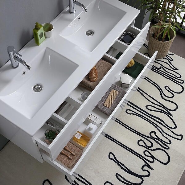 KIAMAMI VALENTINA - Meuble De Salle De Bain Blanc Brillant 120Cm, Tiroirs Et Double Lavabo | Benaco - large