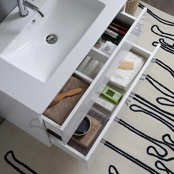 KIAMAMI VALENTINA - Meuble De Salle De Bain Suspendu Blanc Brillant 80Cm 2 Tiroirs, Miroir Avec Lampe | Benaco - large