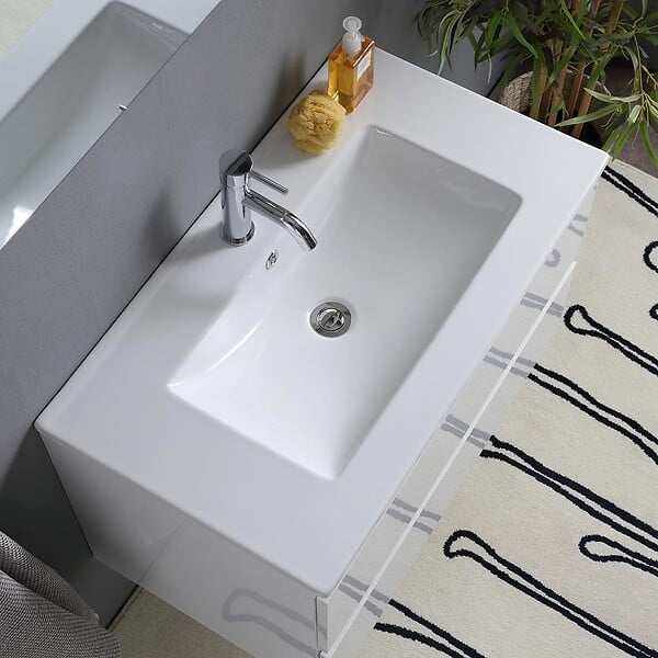KIAMAMI VALENTINA - Meuble De Salle De Bain Suspendu Blanc Brillant 80Cm 2 Tiroirs, Miroir Avec Lampe | Benaco - large