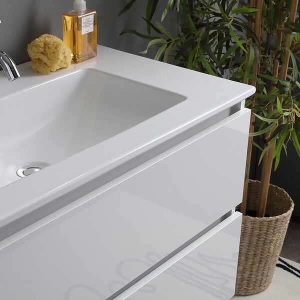 KIAMAMI VALENTINA - Meuble De Salle De Bain Suspendu Blanc Brillant 80Cm 2 Tiroirs, Miroir Avec Lampe | Benaco - large