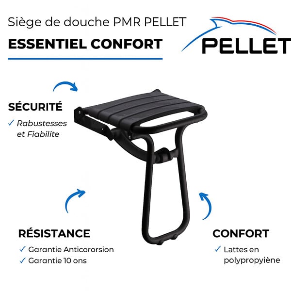 PELLET - Pack avec siège de douche PMR escamotable noir mat + 2 barres d'appui 42,5 cm - large