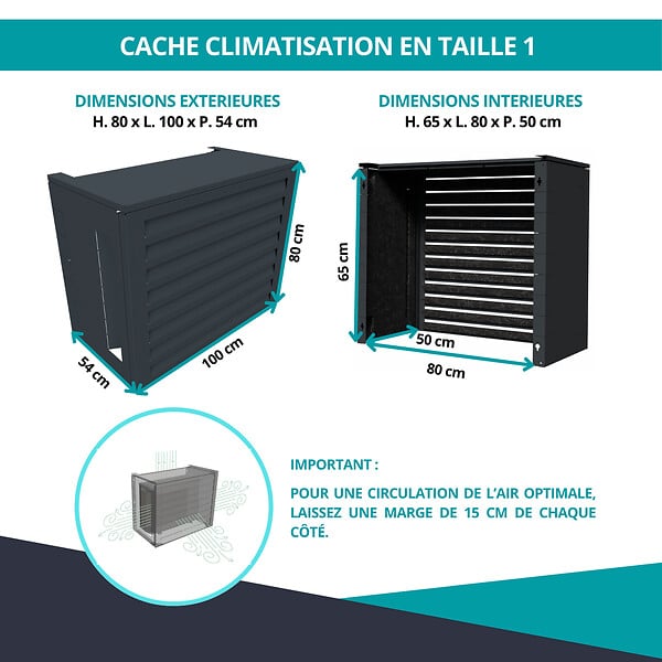 ATOLE - Cache Climatisation  Acoustique ATOLE en aluminium thermolaqué , Taille 1 : H. 80 x L. 100 x P. 54 cm, Ventelle , Gris anthracite - large