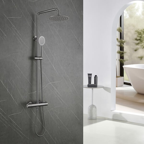 PLANETE BAIN - Colonne de douche en inox brossé gun metal - thermostatique - Alois - large