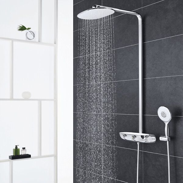 GROHE - Colonne de douche thermostatique Rainshower System SmartControl Mono 360 Blanc/chromé + Tablette douche d'angle Start Cube - large