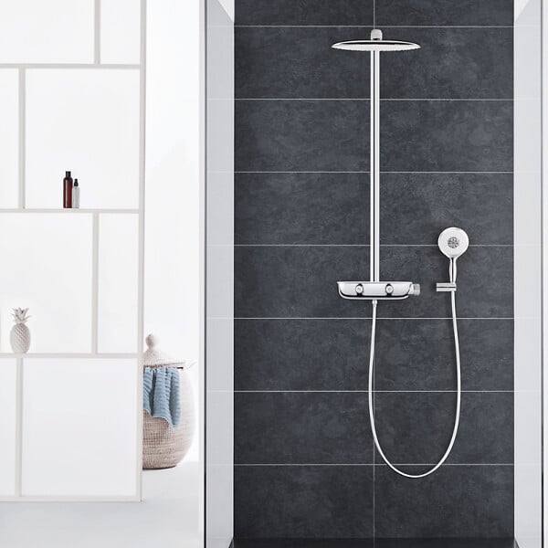 GROHE - Colonne de douche thermostatique Rainshower System SmartControl Mono 360 Blanc/chromé + Tablette douche d'angle Start Cube - large