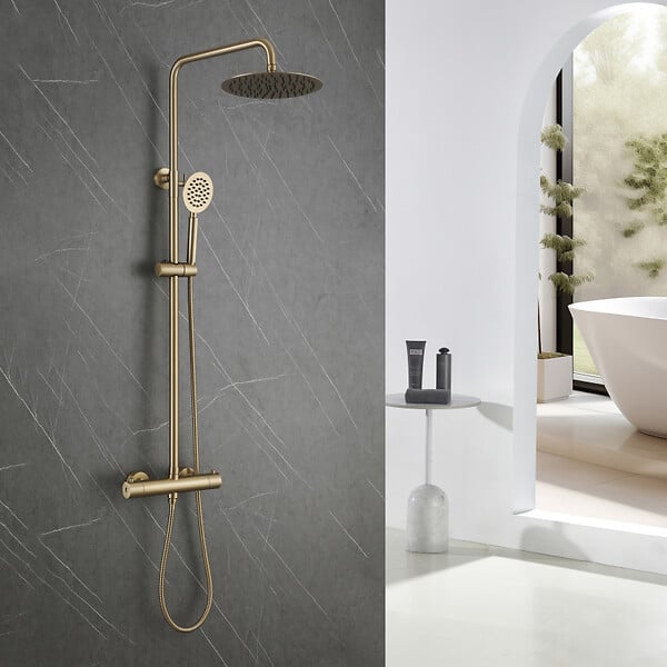 PLANETE BAIN - Colonne de douche en inox brossé doré - thermostatique - Alois - large