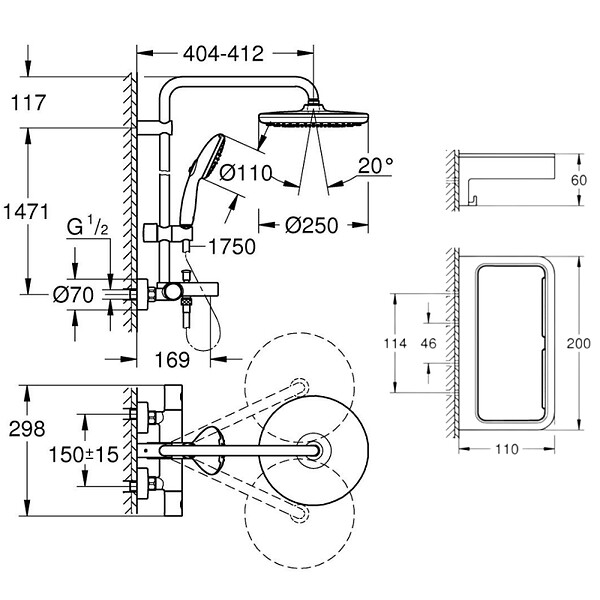 GROHE - Colonne bain douche thermostatique Vitalio Start System chromé + Panier douche Start Cube - large