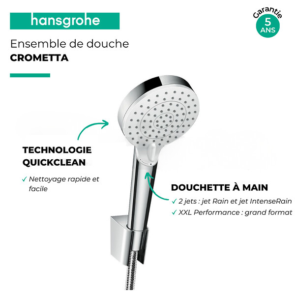 HANSGROHE - Pack pommeau de douche rond 2 jets Hansgrohe Crometta Vario + flexible Isiflex 160 cm + support chromé - large