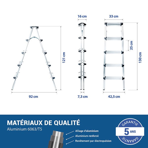 HOSTRÃ–M - Escabeau marche pied 5 marches HOMILIX5, petit escabeau pliable, aluminium, design compact et robuste, H max travail 2,85m, 5 ans garantie, Hostrom - large