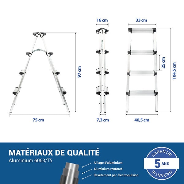 HOSTRÃ–M - Escabeau marche pied 4 marches HOMILIX4, petit escabeau pliable, aluminium, design compact et robuste, H max travail 2,59m, 5 ans garantie, Hostrom - large