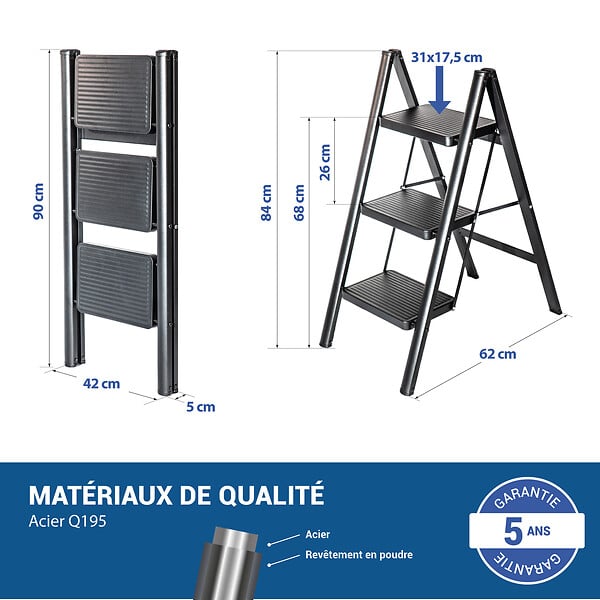 HOSTRÃ–M - Escabeau 3 marches FOLDPACT3, Marche pied pliable, Design ultra-compact, Marches larges 17,5 cm, Acier, Etagère temporaire, Garantie 5 ans, Hostrom - large
