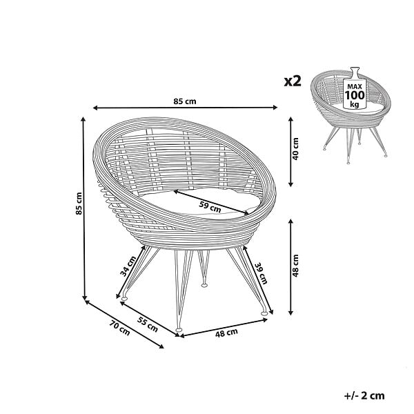 BELIANI - Lot de 2 chaises de jardin avec coussins MARATEA Rotin Naturel - large