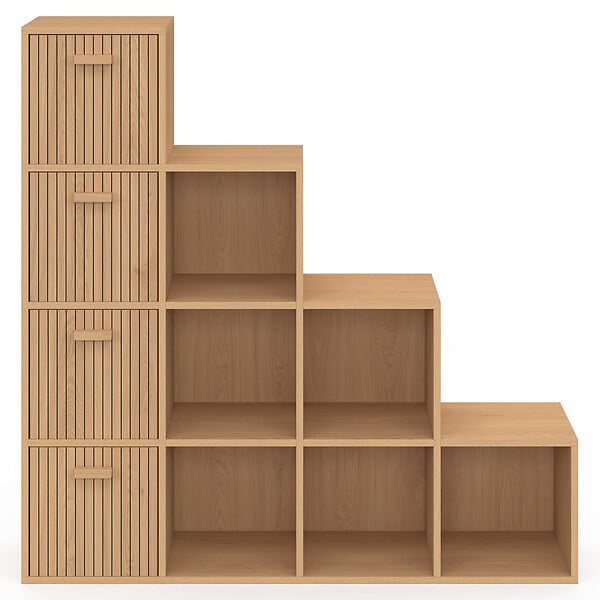 ID MARKET - Meuble de rangement en escalier LORYS 4 niveaux effet lattes JULIETTE avec 4 tiroirs en tissu - large