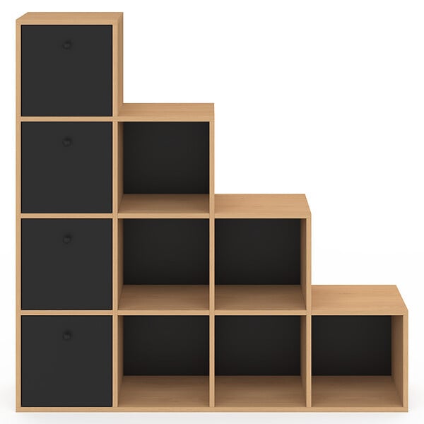 ID MARKET - Meuble de rangement en escalier LORYS 4 niveaux bois et noir avec 4 tiroirs en tissu - large