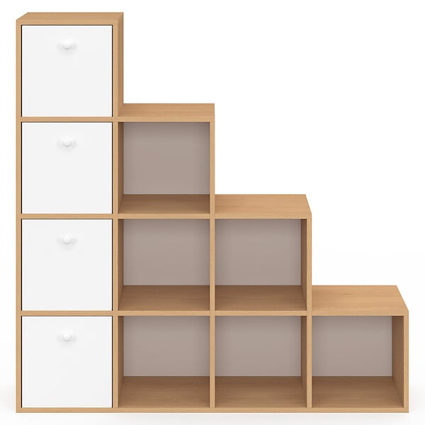 ID MARKET - Meuble de rangement en escalier LORYS 4 niveaux bois et blanc avec 4 tiroirs en tissu - large