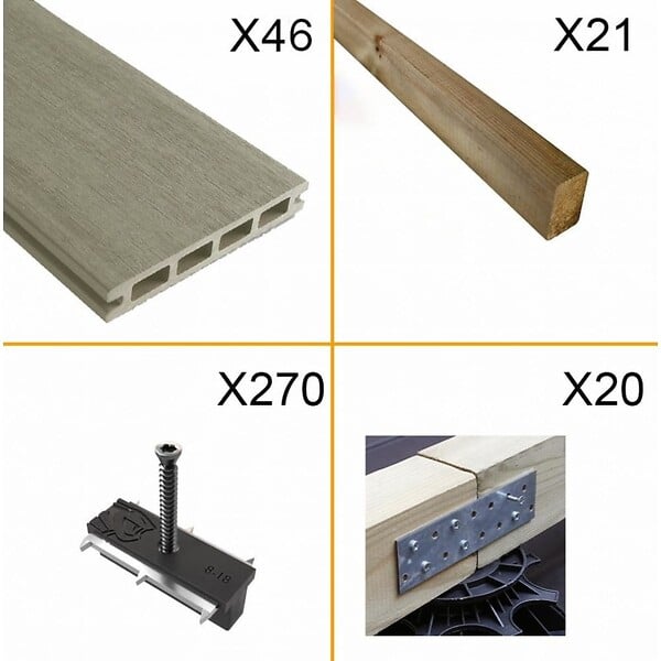 DECKLINEA - Kit Terrasse Composite NAVIA 15m² - Gris Clair - 46 Lames de Terrasse (220 x 14.5 x 2.2 cm) - Fixation par Clips - Terrasse Livraison Rapide - large