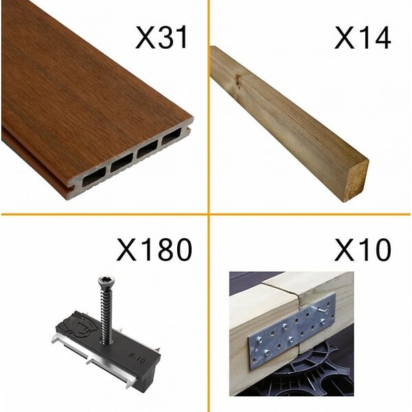 DECKLINEA - Kit Terrasse Composite NAVIA 10m² - Teck - 31 lames de Terrasse (220 x 14.5 x 2.2 cm) - Fixation par Clips - Cobra Hybrid - Terrasse Bois - large