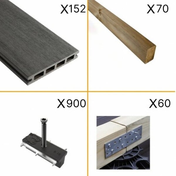 DECKLINEA - Kit Terrasse Composite NAVIA 50m² - Gris Foncé - 152 lames de terrasse (220 x 14.5 x 2.2 cm) - Fixation par Clips - Terrasse Livraison Rapide - large