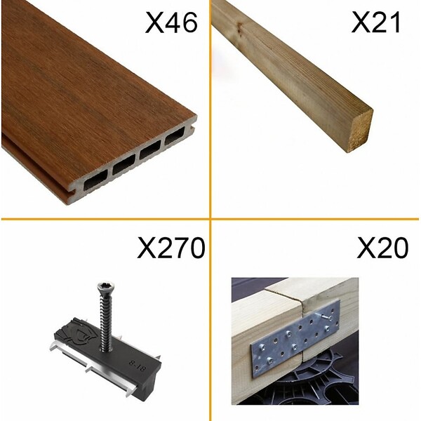 DECKLINEA - Kit Terrasse Composite NAVIA 15m² - Teck - 46 Lames de Terrasse (220 x 14.5 x 2.2 cm) - Fixation par Clips - Cobra Hybrid - Terrasse Bois - large