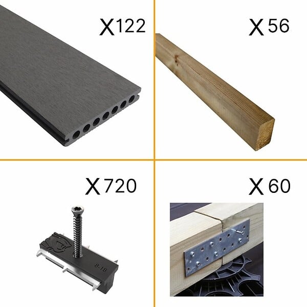 DECKLINEA - Kit Terrasse Composite ATLANTA 40m² - 122 Lames de Terrasse (220 x 14.5 x 2.25 cm) - Platinium - Garantie 15 ans - Fixation par Clips - large