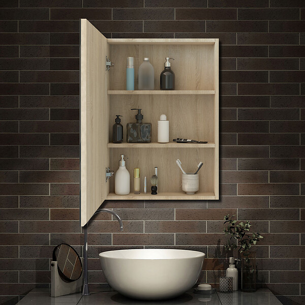 AICA SANITAIRE - AICA Armoire de Toilette Mural avec Miroir et Rangement - Moderne, Chêne, 50x70 cm - large