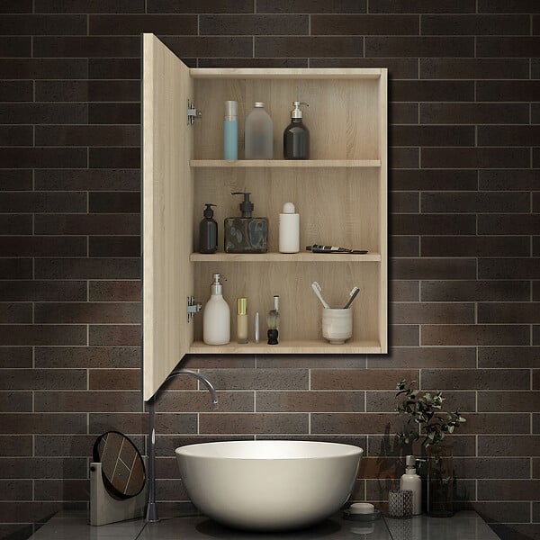 AICA SANITAIRE - AICA Armoire de Toilette Mural avec Miroir et Rangement - Moderne, Chêne, 60x70 cm - large
