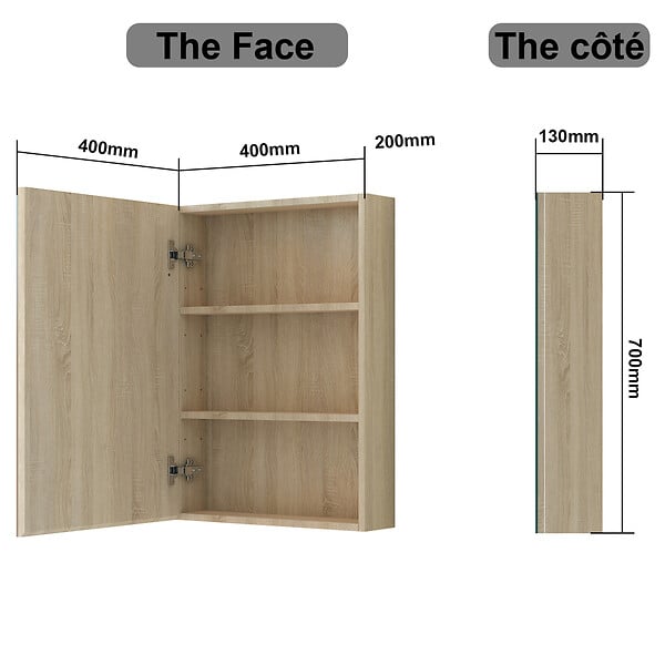 AICA SANITAIRE - AICA Armoire de Toilette Mural avec Miroir et Rangement - Moderne, Chêne, 60x70 cm - large