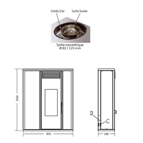 INTERSTOVES - Pack Poêle à granules TESSA 10 Etanche sortie Concentrique sur le dessus + Kit Conduit Vertical 80/1 - large