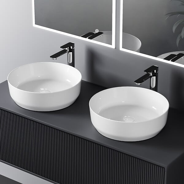 EMKE - EMKE Vasque à Poser en céramique  39 x 39 x 12 cm, Lavabo salle de bain Ronde, Montage sur Comptoir, Lavabo à poser Blanc Brillant - large