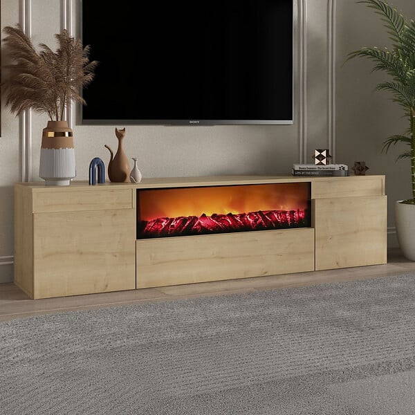 CONCEPT USINE - Meuble TV avec cheminée LED 180cm aspect bois PYRO - large