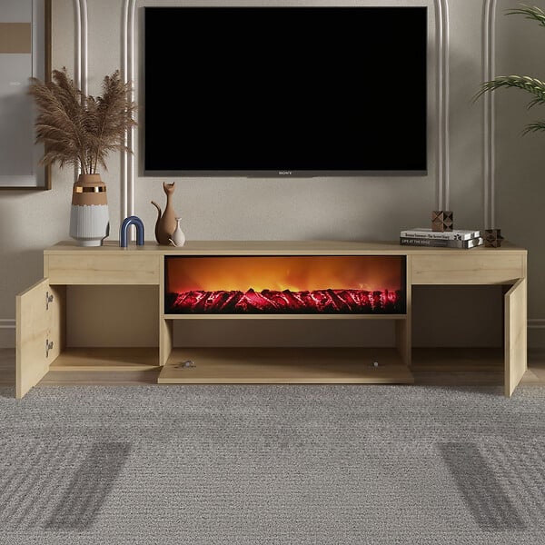 CONCEPT USINE - Meuble TV avec cheminée LED 180cm aspect bois PYRO - large