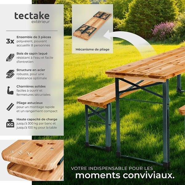 TECTAKE - Ensemble table et bancs bois de sapin pliable pour 8 personnes en marron et acier stable - large