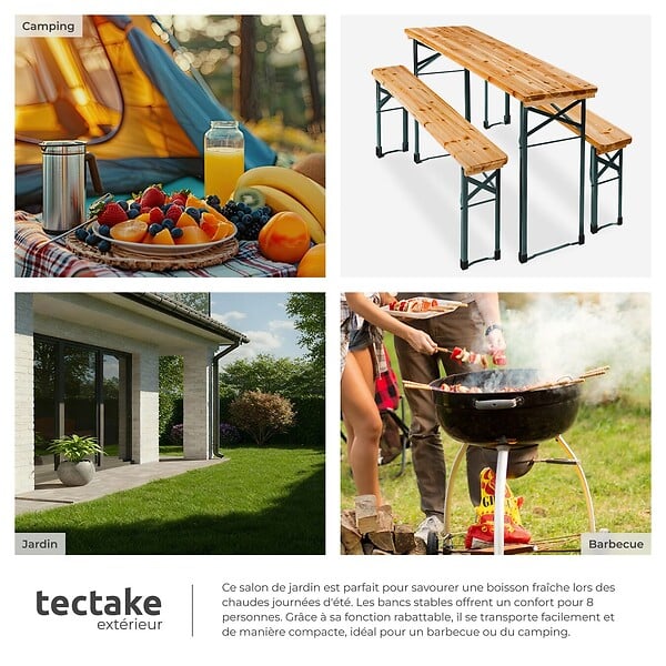 TECTAKE - Ensemble table et bancs bois de sapin pliable pour 8 personnes en marron et acier stable - large