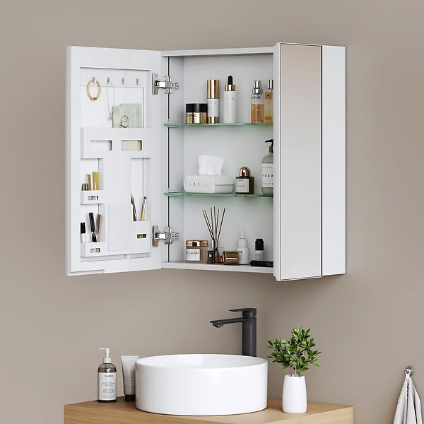 EMKE - EMKE Armoires de toilette 2 Porte 65x60cm Blanc Armoire Salle de Bain, avec Rangement intégré, Tablettes en verre réglables - large