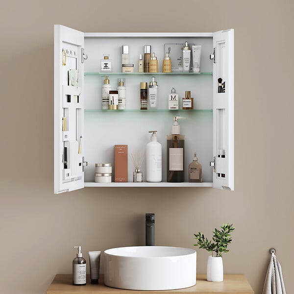 EMKE - EMKE Armoires de toilette 2 Porte 65x60cm Blanc Armoire Salle de Bain, avec Rangement intégré, Tablettes en verre réglables - large