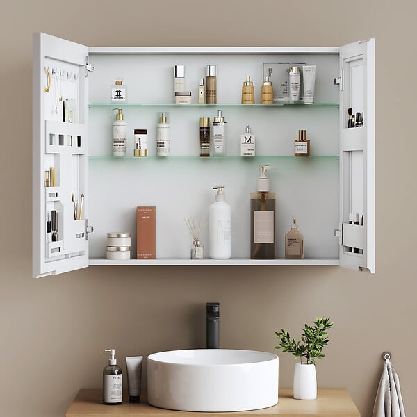 EMKE - EMKE Armoires de toilette 2 Porte 65x80cm Blanc Armoire Salle de Bain, avec Rangement intégré, Tablettes en verre réglables - large