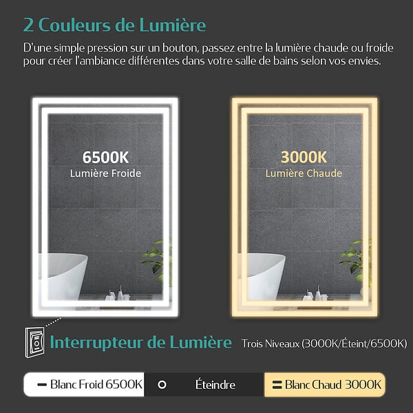 EMKE - EMKE Miroir lumineux salle de bain 120x60cm, Miroir LED avec Interrupteur à bouton, Anti-buée, Miroir avec éclairage lumière Blanche Froide/Chaude - large