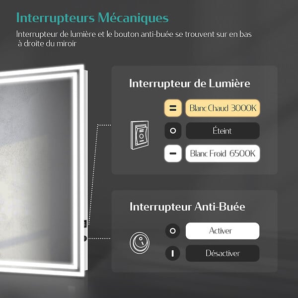 EMKE - EMKE Miroir lumineux salle de bain 100x60cm, Miroir LED avec Interrupteur à bouton, Anti-buée, Miroir avec éclairage lumière Blanche Froide/Chaude - large