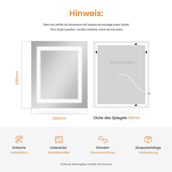 EMKE - EMKE Miroir lumineux salle de bain 60x50cm, Miroir LED avec Interrupteur à bouton, Anti-buée, Miroir avec éclairage lumière Blanche Froide/Chaude - large