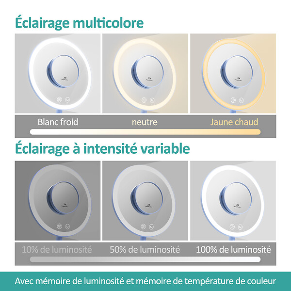 EMKE - EMKE LED Miroir de Maquillage Rond avec Interrupteur Tactile Dimmable 3 Couleurs claires, grossissement 1/3x, Bleu - large