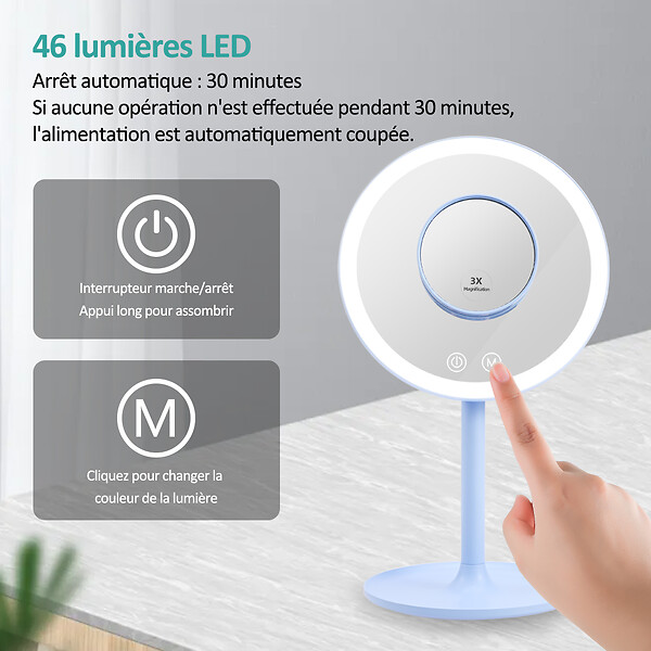 EMKE - EMKE LED Miroir de Maquillage Rond avec Interrupteur Tactile Dimmable 3 Couleurs claires, grossissement 1/3x, Bleu - large