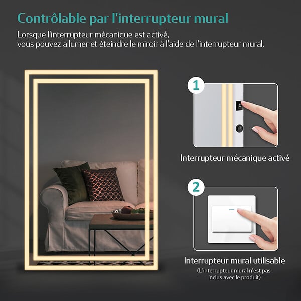 EMKE - EMKE Miroir lumineux salle de bain 60x50cm, Miroir LED avec Interrupteur à bouton, Anti-buée, Miroir avec éclairage lumière Blanche Froide/Chaude - large
