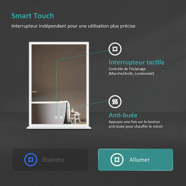 EMKE - EMKE LED Miroir lumineux salle de bain 70x50cm, Miroir avec étagère, Interrupteur Tactile, Lumière Blanche Froide - large